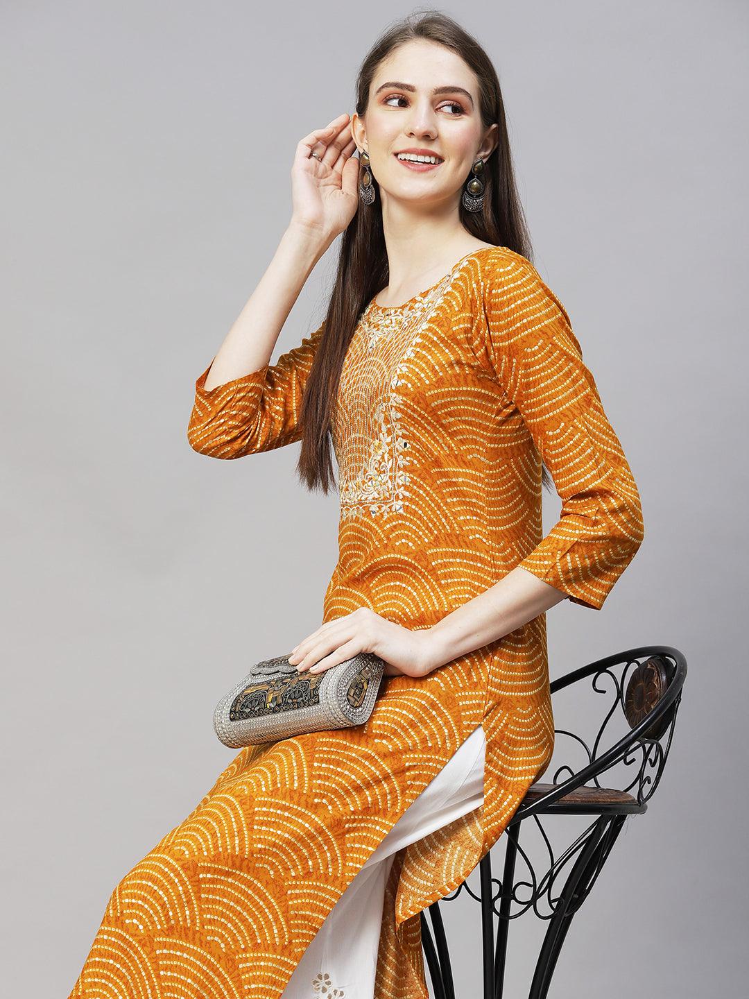 Wifi Printed & Embroidered Straight Fit Kurta – Mustard - Indiakreations