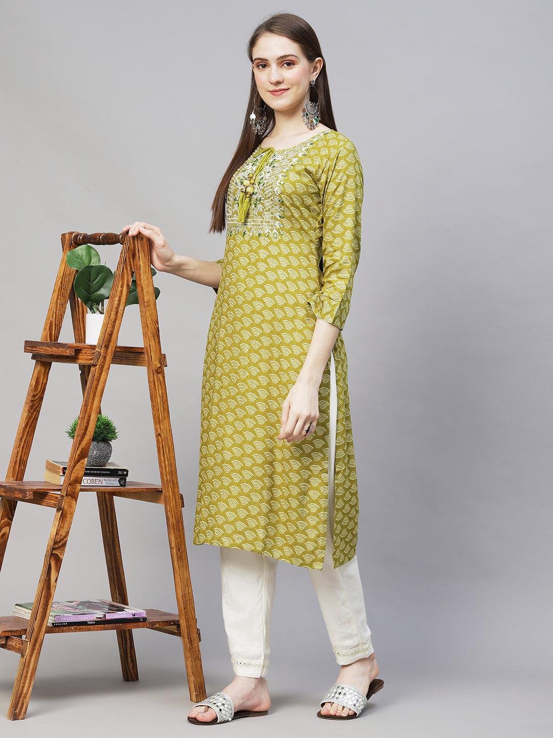 Wifi Printed & Mirror Embroidered Straight Fit Kurta – Mustard Green - Indiakreations