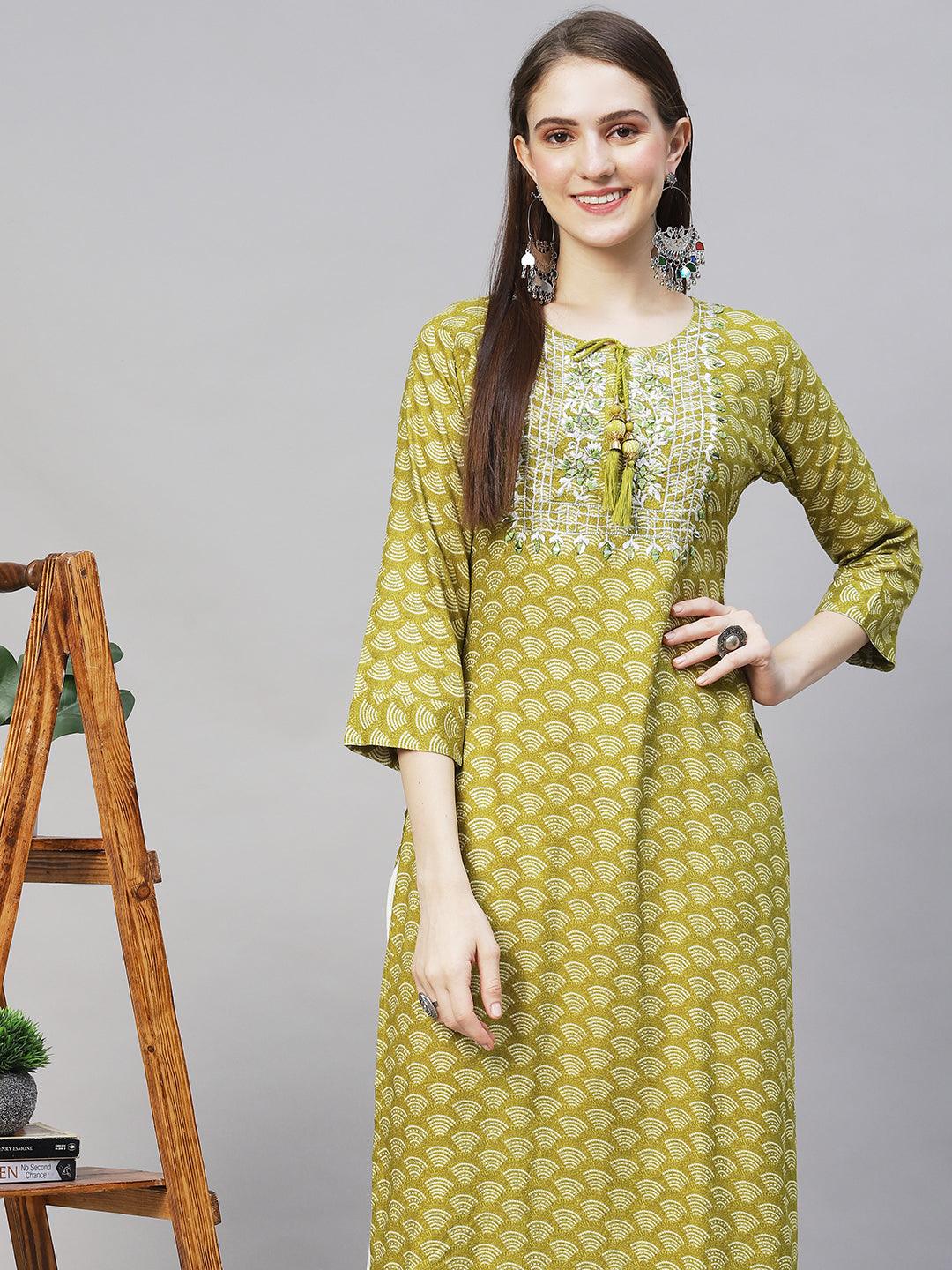 Wifi Printed & Mirror Embroidered Straight Fit Kurta – Mustard Green - Indiakreations