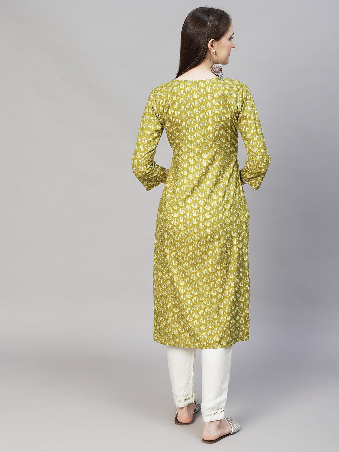 Wifi Printed & Mirror Embroidered Straight Fit Kurta – Mustard Green - Indiakreations