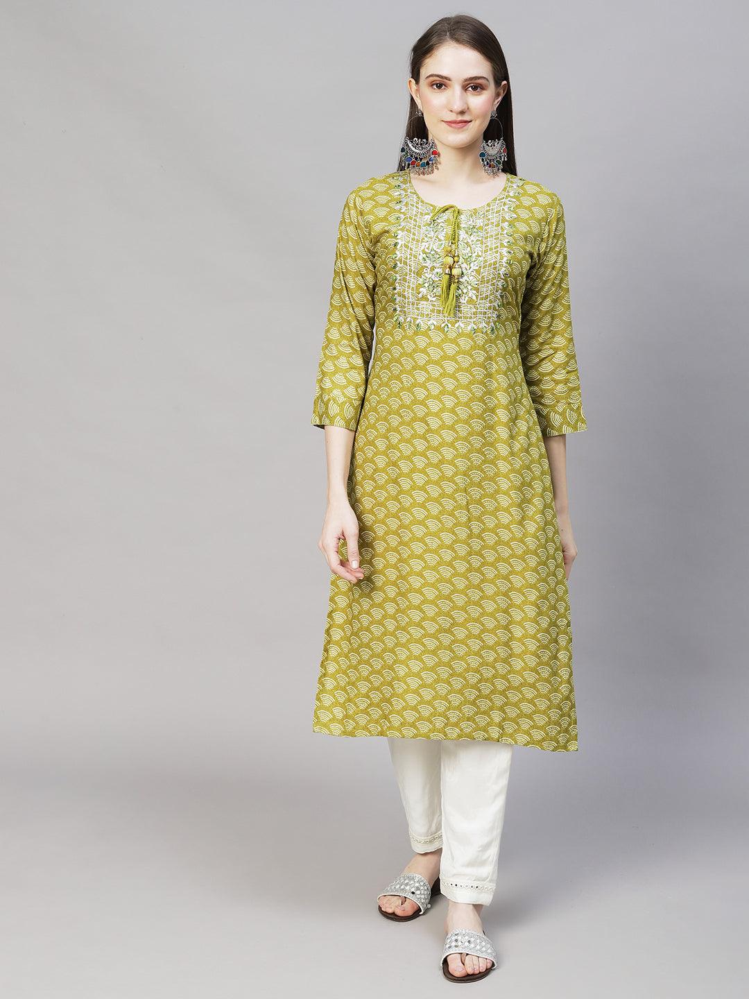 Wifi Printed & Mirror Embroidered Straight Fit Kurta – Mustard Green - Indiakreations