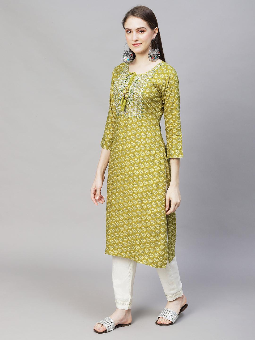 Wifi Printed & Mirror Embroidered Straight Fit Kurta – Mustard Green - Indiakreations