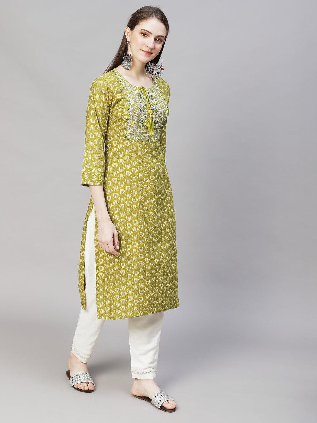 Wifi Printed & Mirror Embroidered Straight Fit Kurta – Mustard Green - Indiakreations