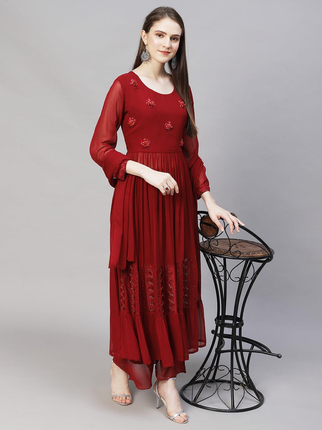 Floral Hand Embroidered A-Line Kurta with Palazzo & Dupatta - Maroon - Indiakreations