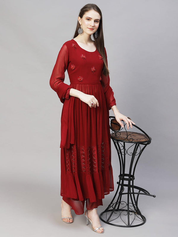 Floral Hand Embroidered A-Line Kurta with Palazzo & Dupatta - Maroon - Indiakreations