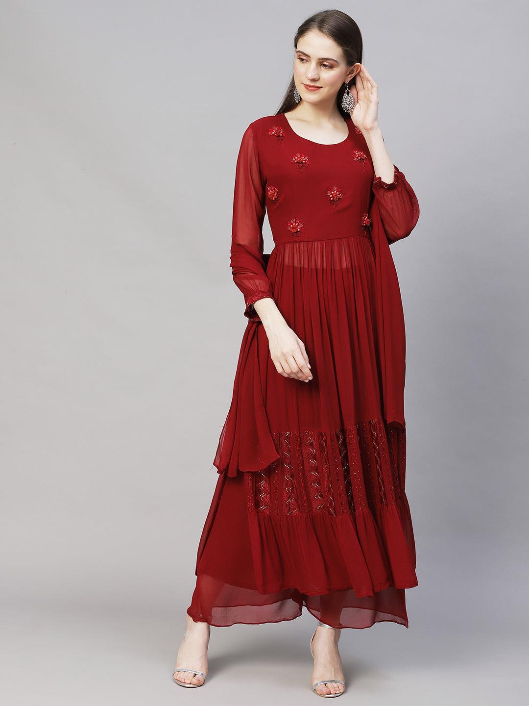 Floral Hand Embroidered A-Line Kurta with Palazzo & Dupatta - Maroon - Indiakreations