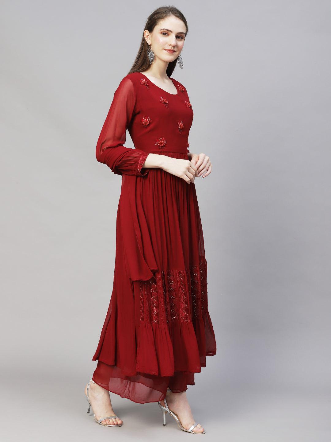 Floral Hand Embroidered A-Line Kurta with Palazzo & Dupatta - Maroon - Indiakreations