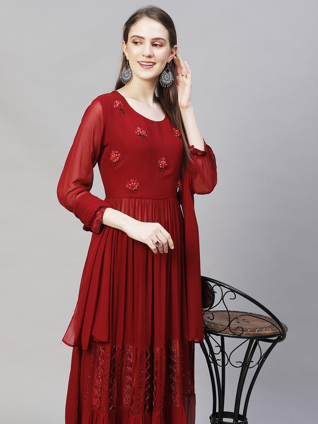 Floral Hand Embroidered A-Line Kurta with Palazzo & Dupatta - Maroon - Indiakreations