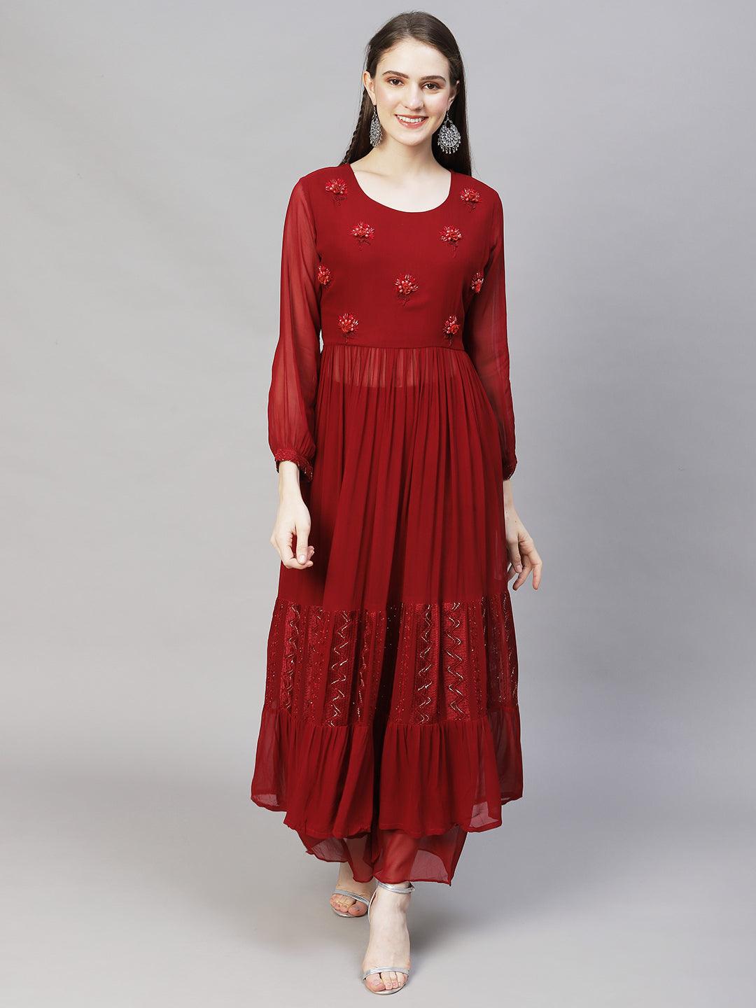 Floral Hand Embroidered A-Line Kurta with Palazzo & Dupatta - Maroon - Indiakreations