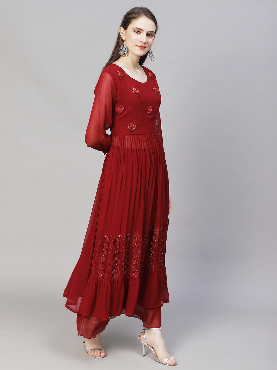 Floral Hand Embroidered A-Line Kurta with Palazzo & Dupatta - Maroon - Indiakreations