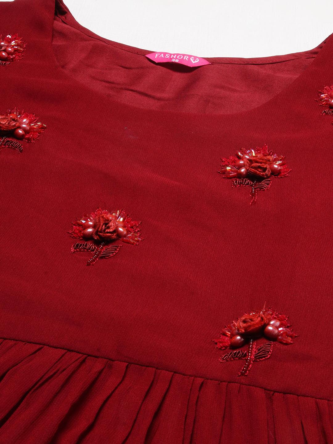 Floral Hand Embroidered A-Line Kurta with Palazzo & Dupatta - Maroon - Indiakreations