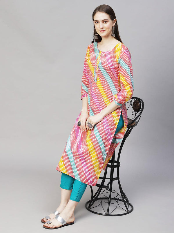 Leheriya Printed & Embroidered Straight Fit Kurta – Multi - Indiakreations