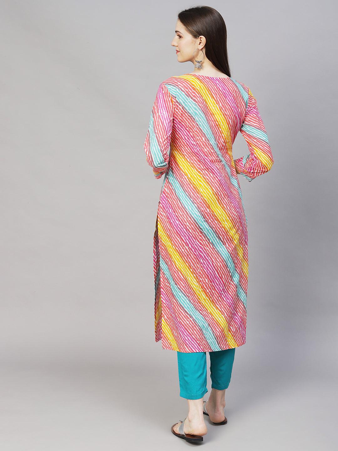 Leheriya Printed & Embroidered Straight Fit Kurta – Multi - Indiakreations