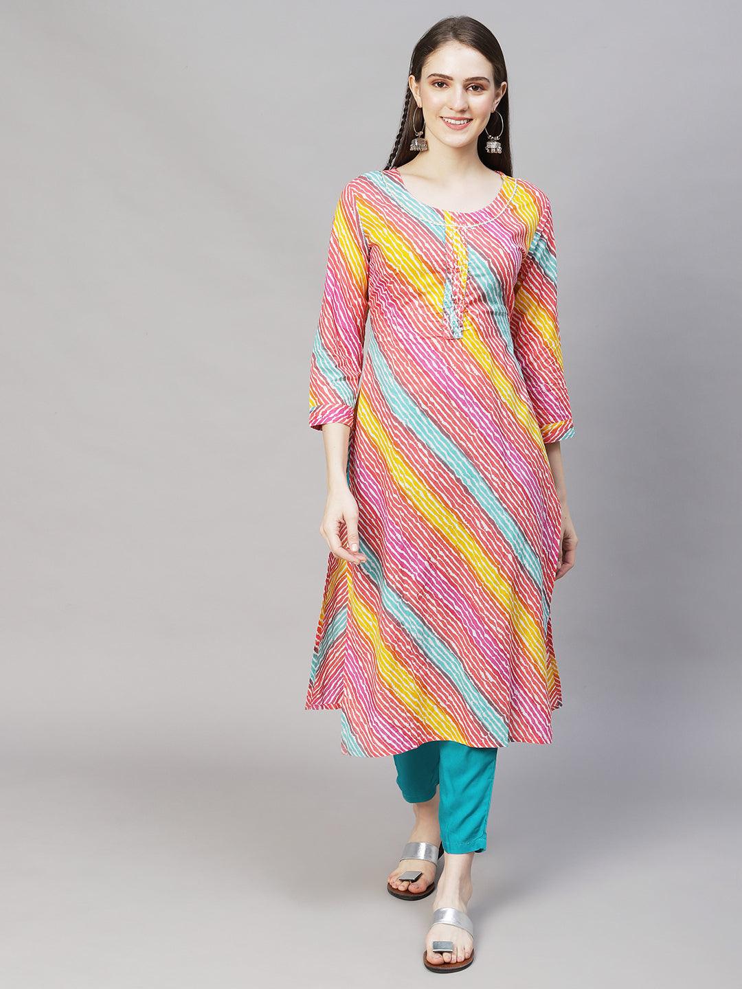 Leheriya Printed & Embroidered Straight Fit Kurta – Multi - Indiakreations