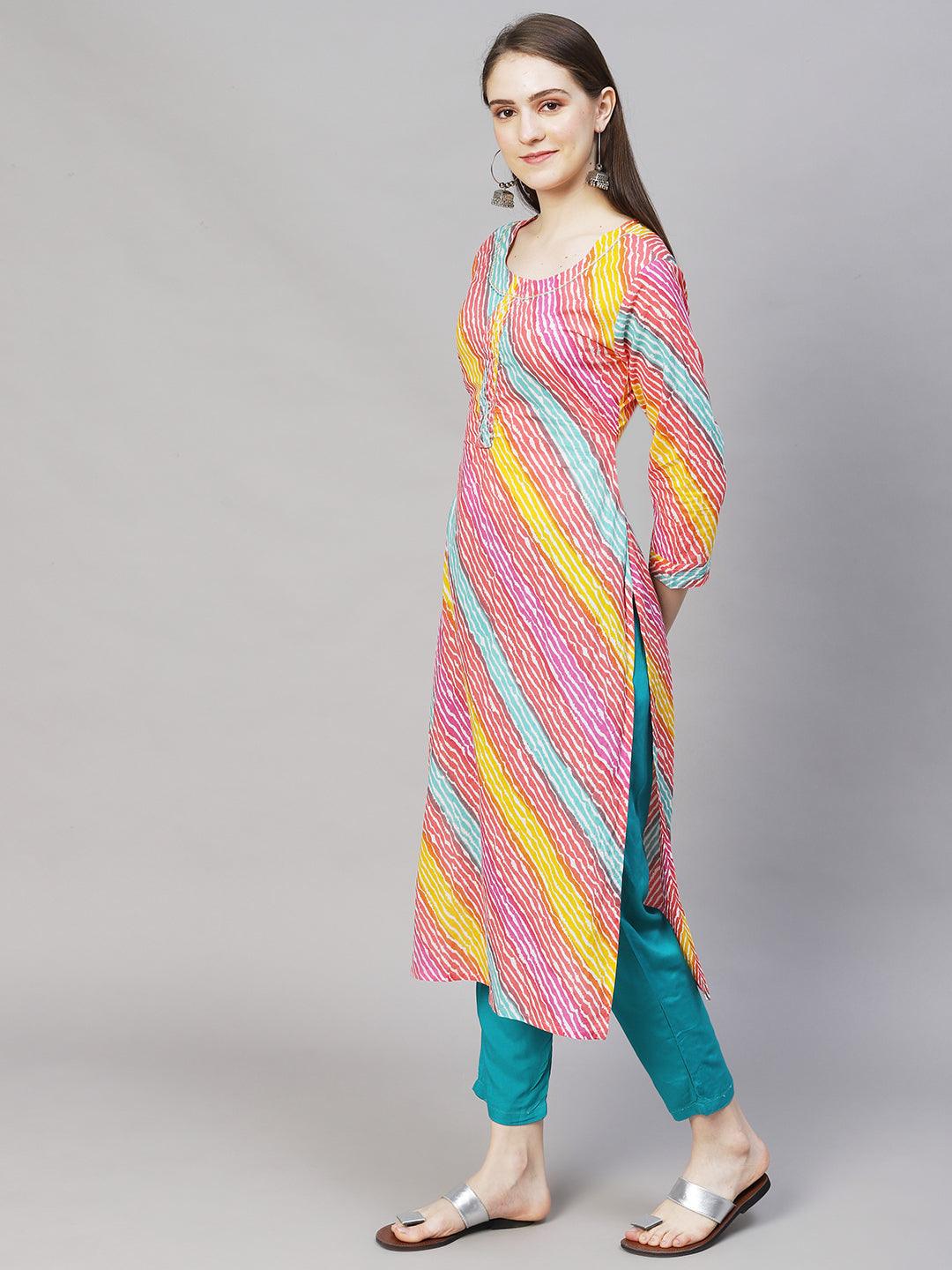 Leheriya Printed & Embroidered Straight Fit Kurta – Multi - Indiakreations