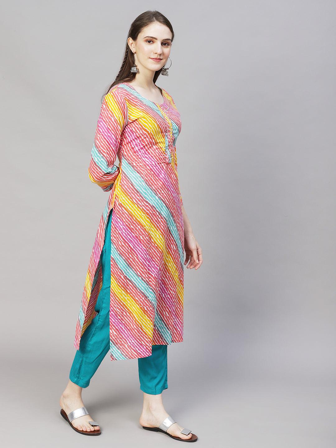 Leheriya Printed & Embroidered Straight Fit Kurta – Multi - Indiakreations