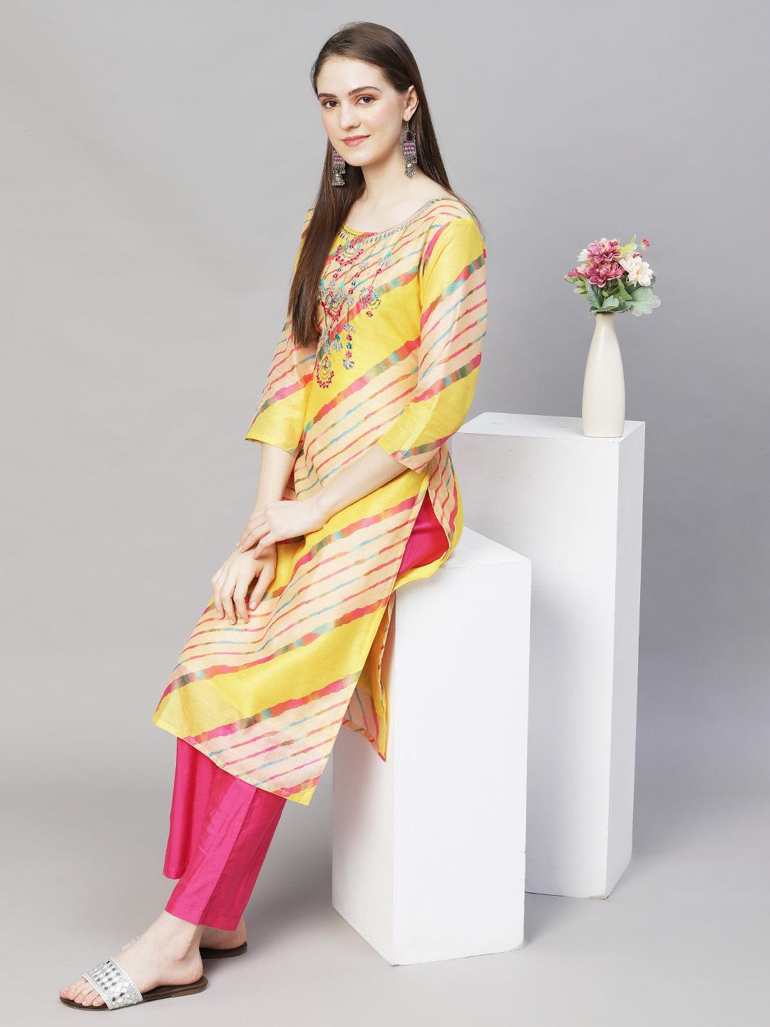 Leheriya Printed & Embroidered Straight Fit Kurta – Multi - Indiakreations