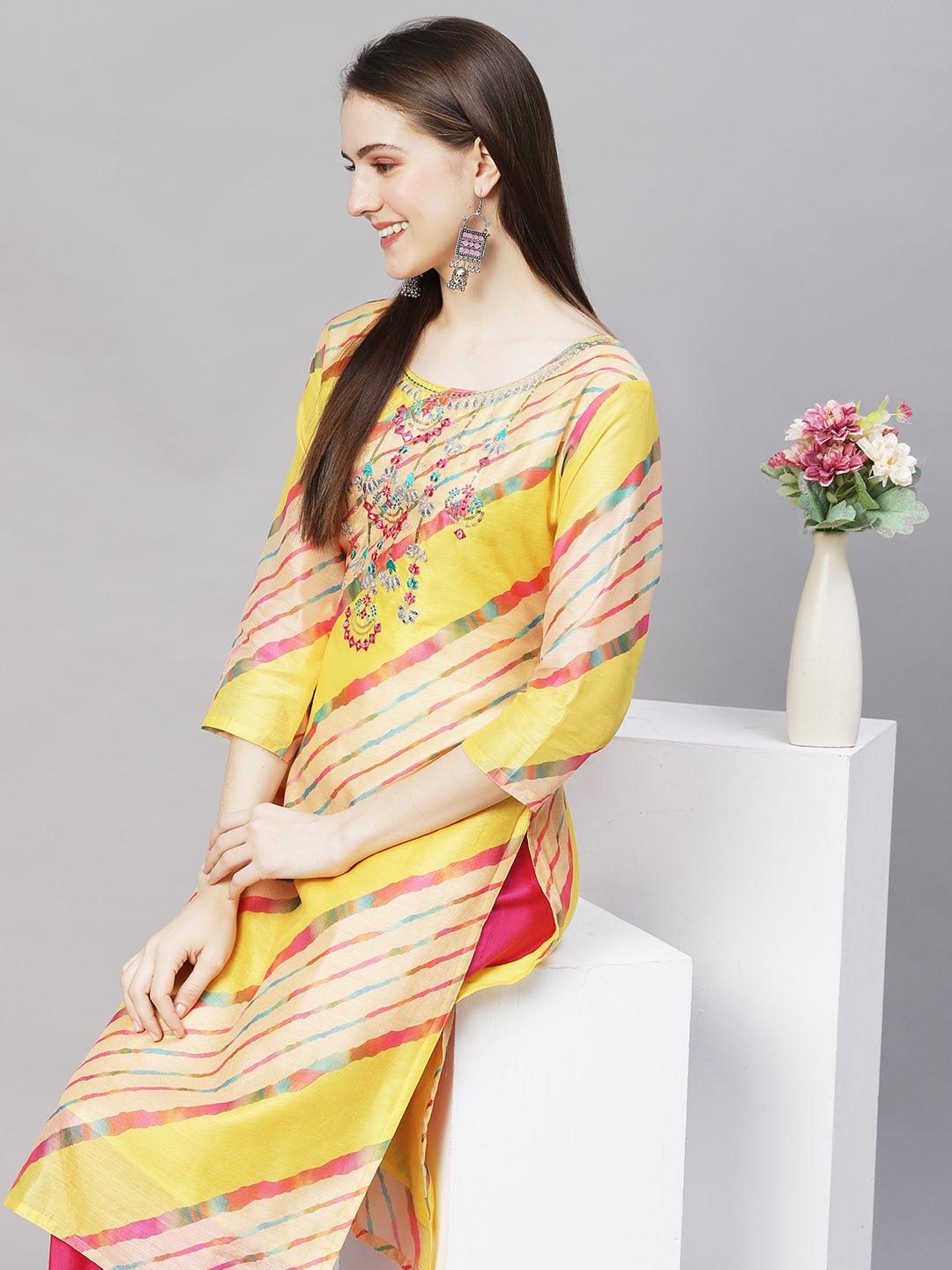 Leheriya Printed & Embroidered Straight Fit Kurta – Multi - Indiakreations