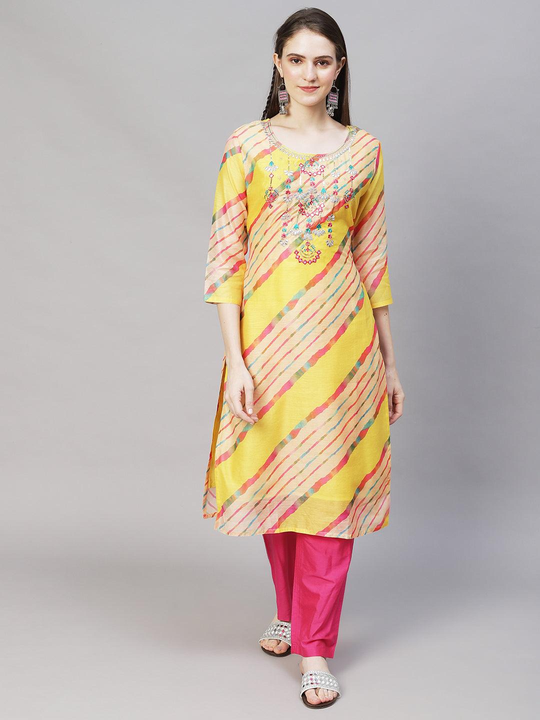 Leheriya Printed & Embroidered Straight Fit Kurta – Multi - Indiakreations