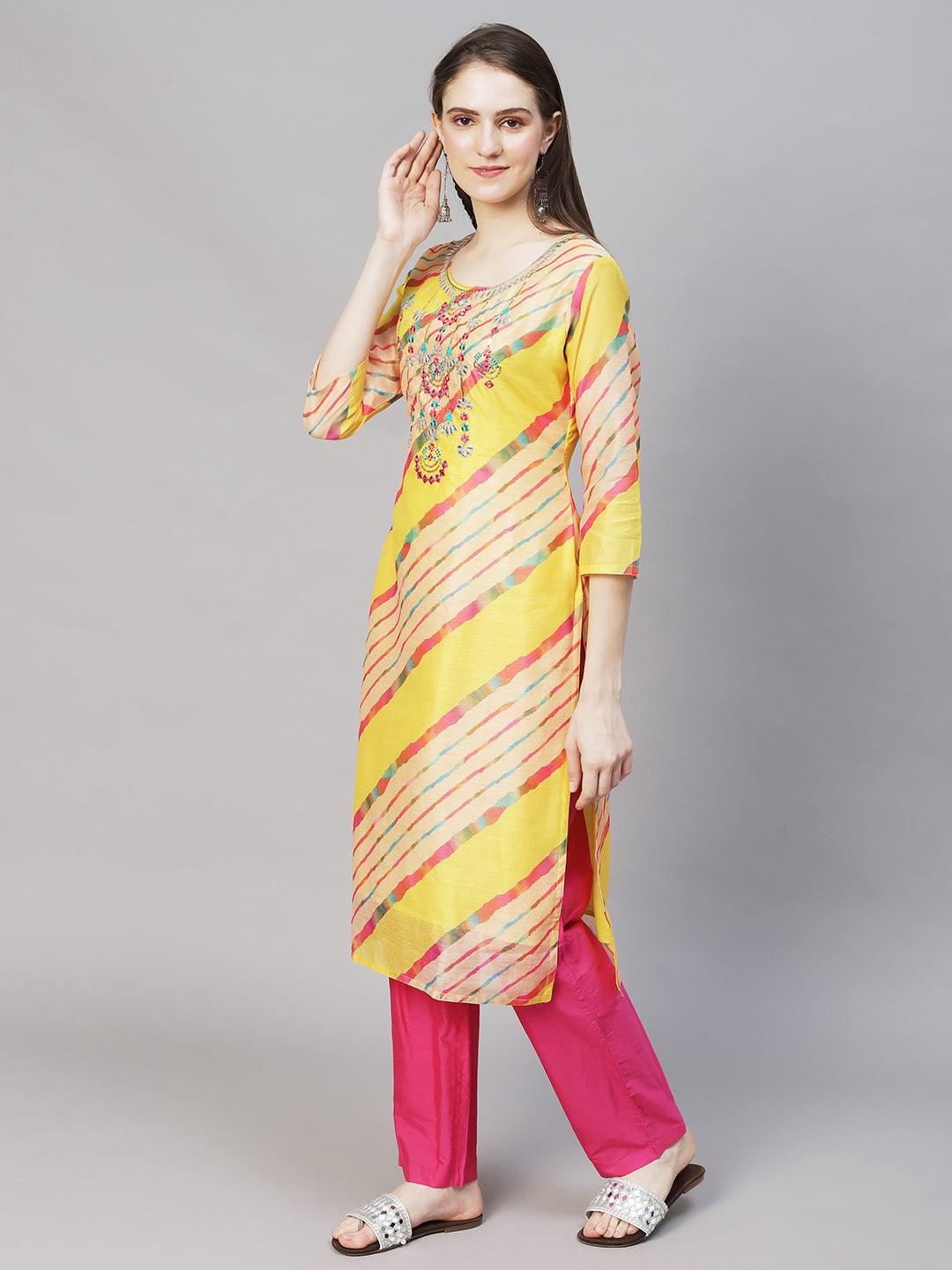 Leheriya Printed & Embroidered Straight Fit Kurta – Multi - Indiakreations