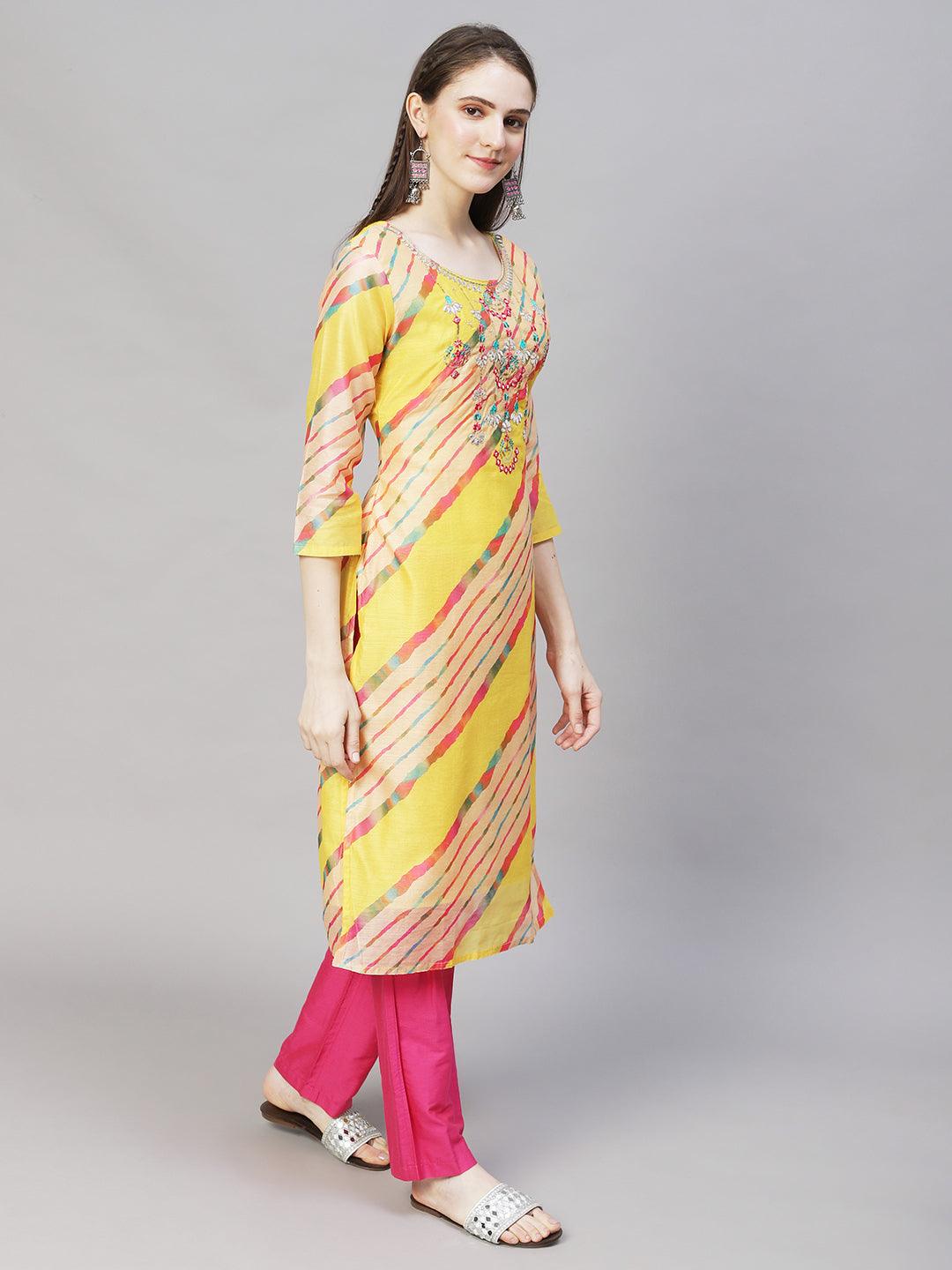 Leheriya Printed & Embroidered Straight Fit Kurta – Multi - Indiakreations