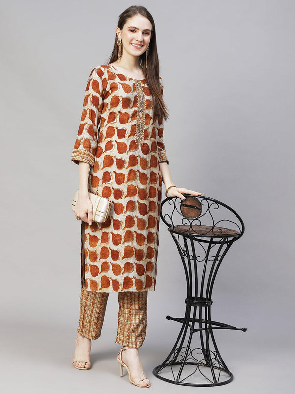 Ethnic Printed & Hand Embroidered Straight Fit Kurta with Pants - Brown - Indiakreations