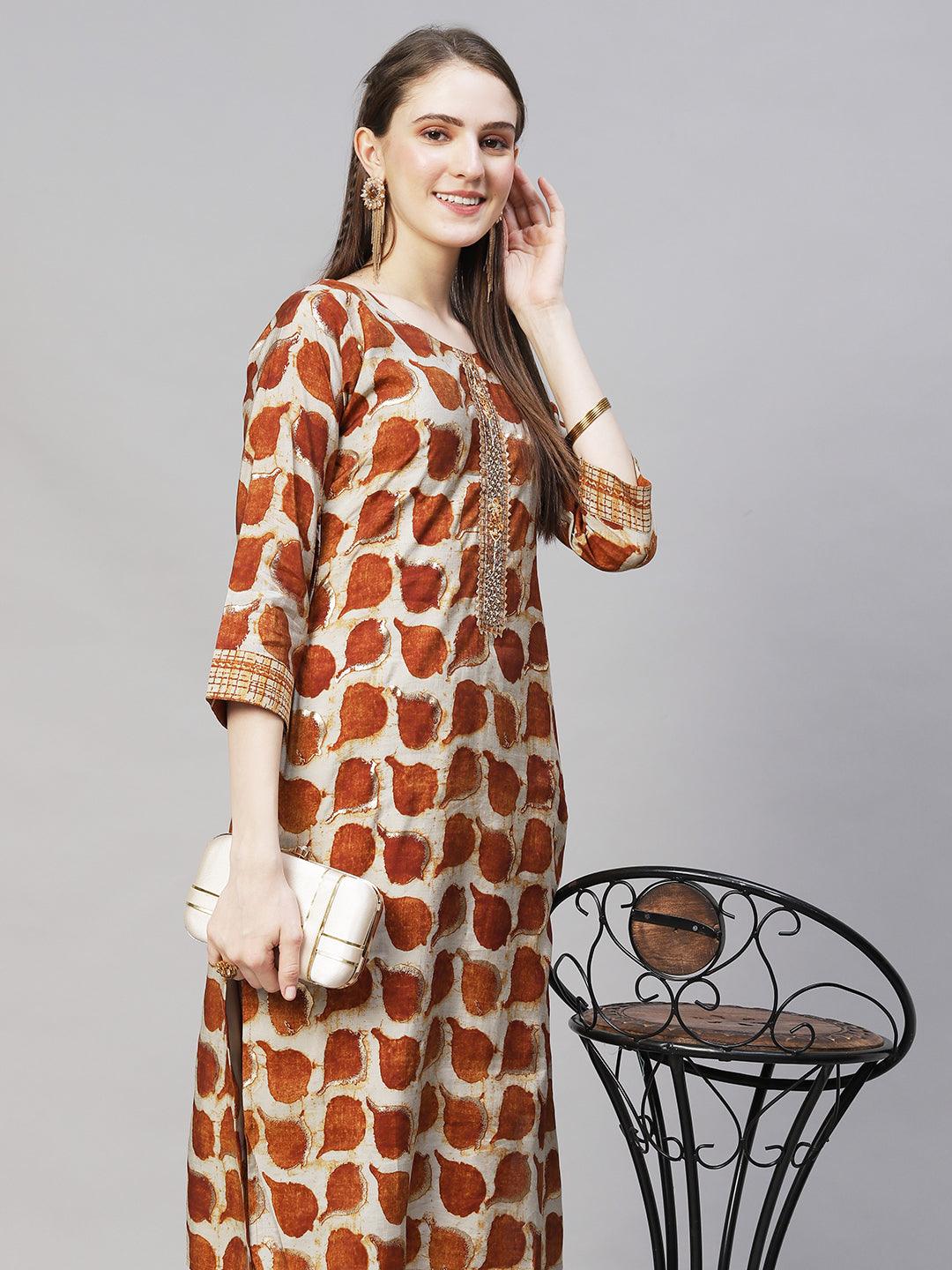 Ethnic Printed & Hand Embroidered Straight Fit Kurta with Pants - Brown - Indiakreations