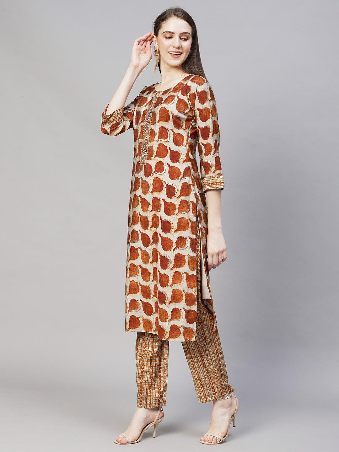 Ethnic Printed & Hand Embroidered Straight Fit Kurta with Pants - Brown - Indiakreations