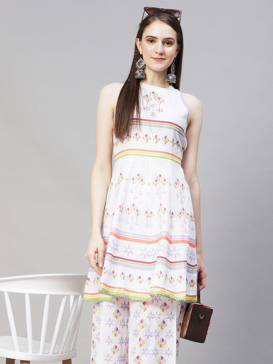 Ethnic Printed & Embroidered Anarkali Kurta with Palazzo - White - Indiakreations