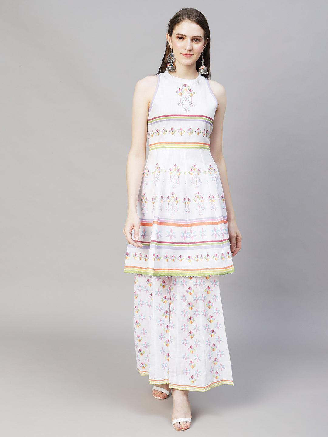 Ethnic Printed & Embroidered Anarkali Kurta with Palazzo - White - Indiakreations