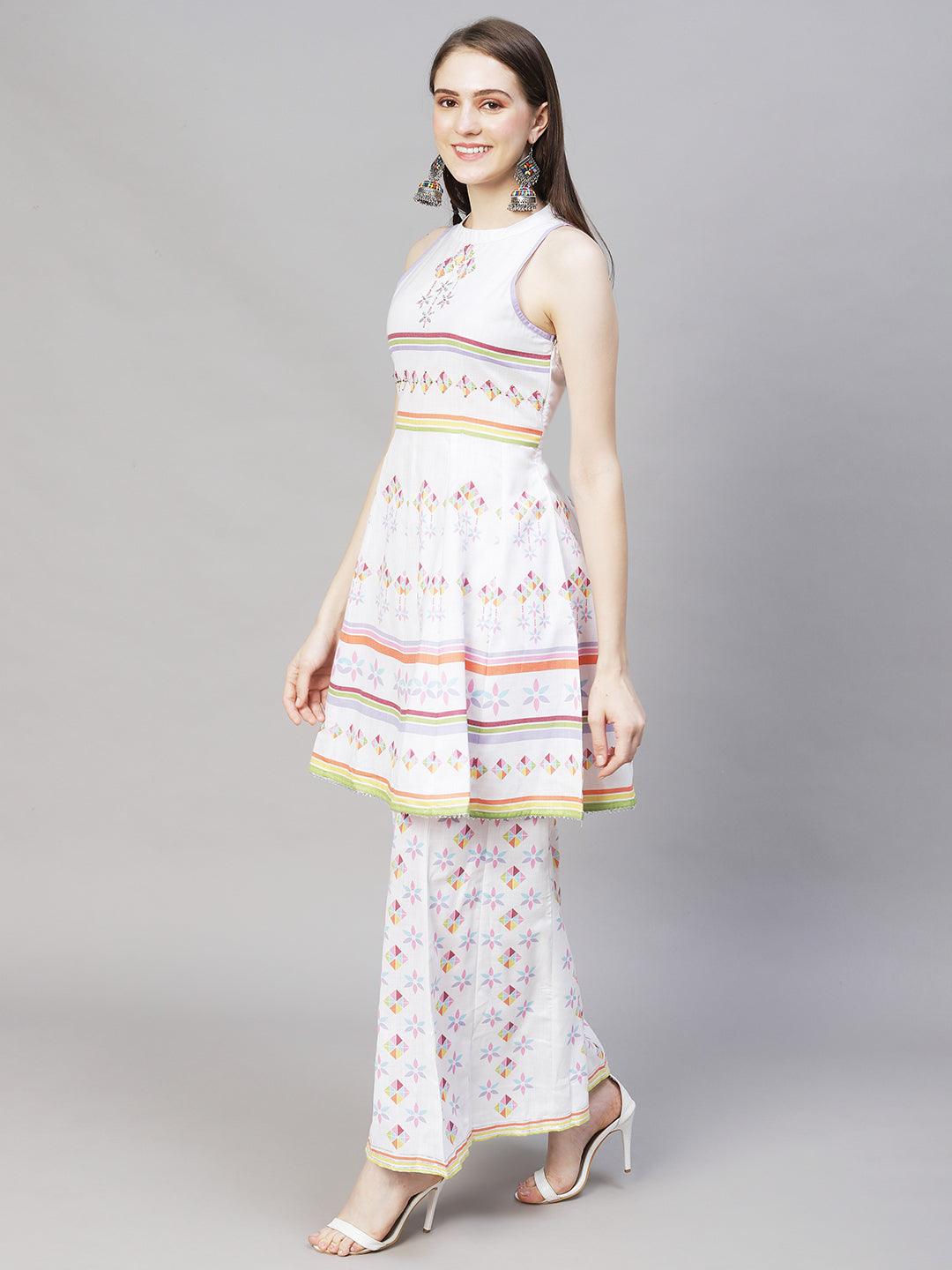 Ethnic Printed & Embroidered Anarkali Kurta with Palazzo - White - Indiakreations