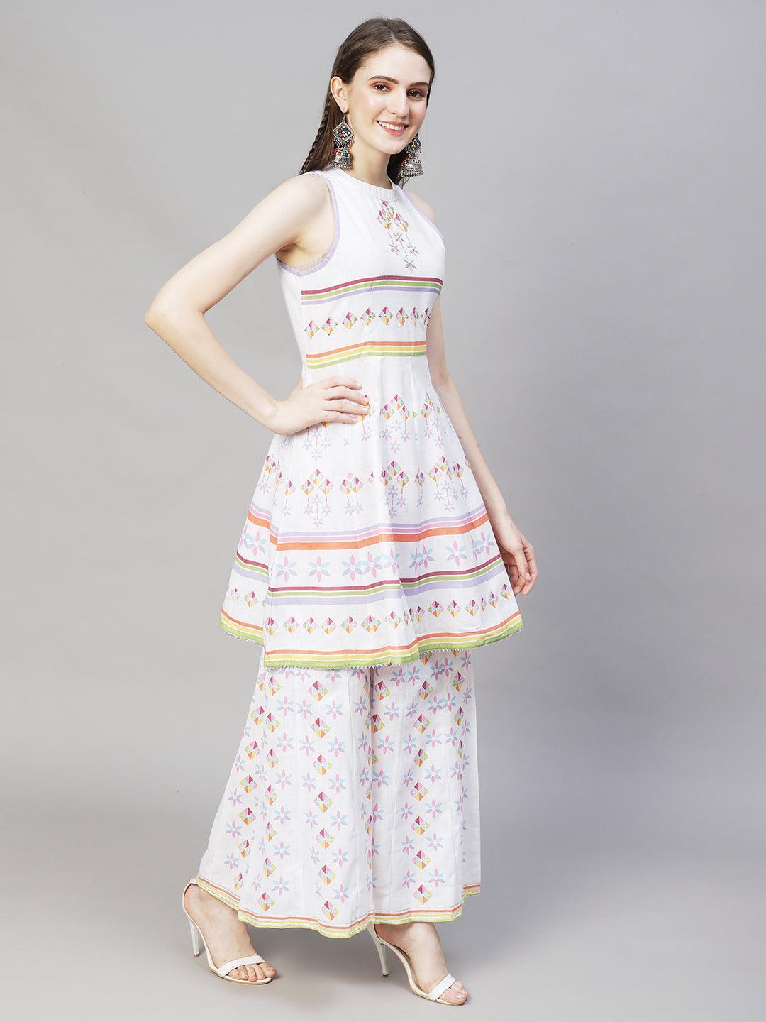 Ethnic Printed & Embroidered Anarkali Kurta with Palazzo - White - Indiakreations