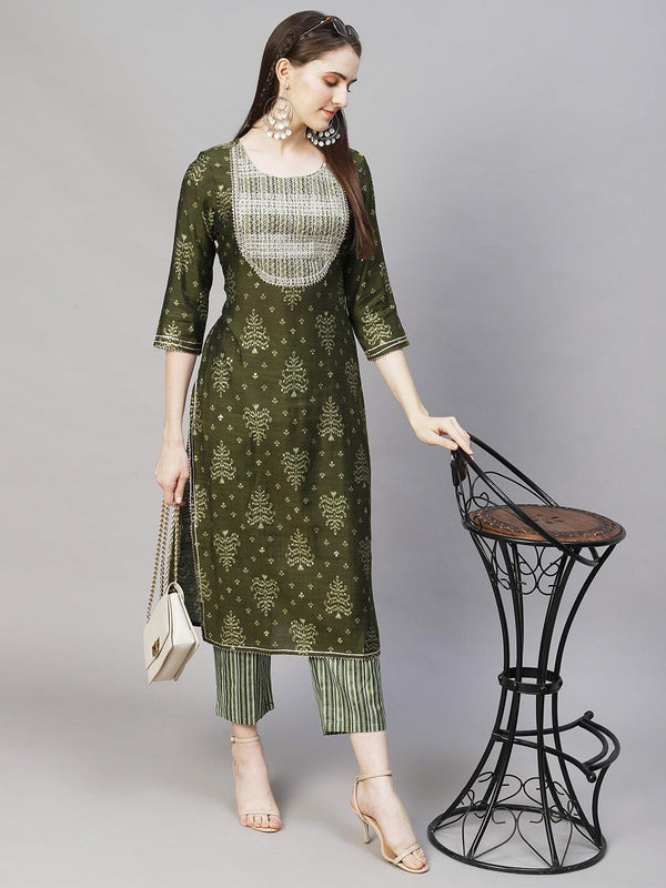 Ethnic Printed & Embroidered Straight Fit Kurta with Pants - Moss Green - Indiakreations