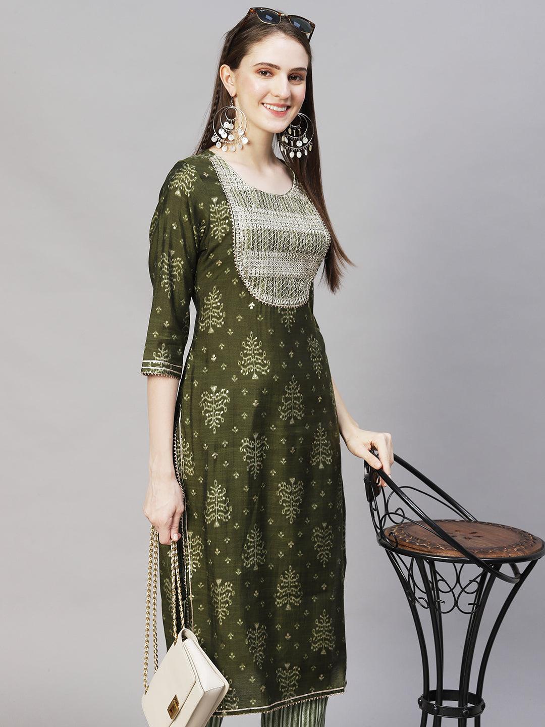 Ethnic Printed & Embroidered Straight Fit Kurta with Pants - Moss Green - Indiakreations