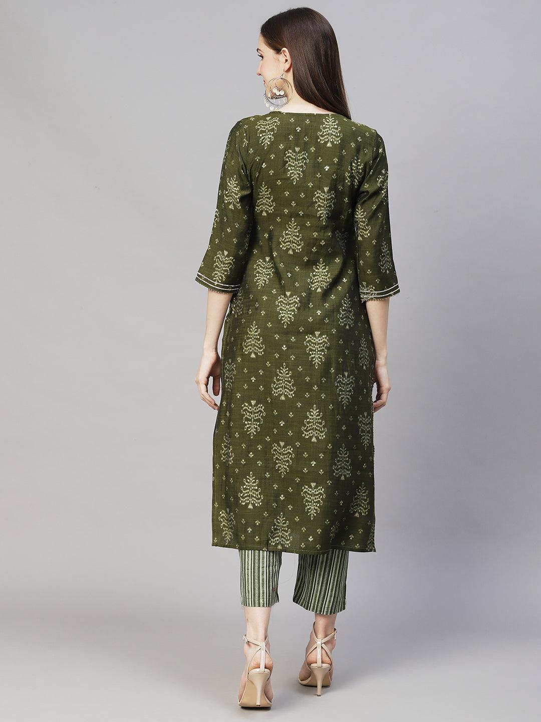 Ethnic Printed & Embroidered Straight Fit Kurta with Pants - Moss Green - Indiakreations