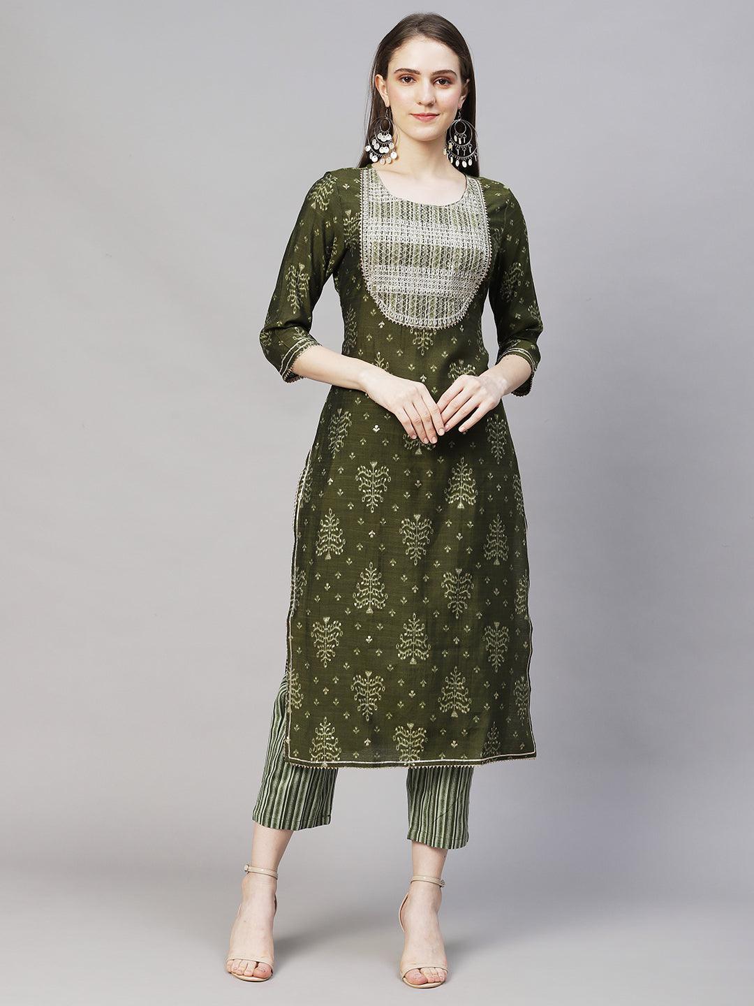 Ethnic Printed & Embroidered Straight Fit Kurta with Pants - Moss Green - Indiakreations