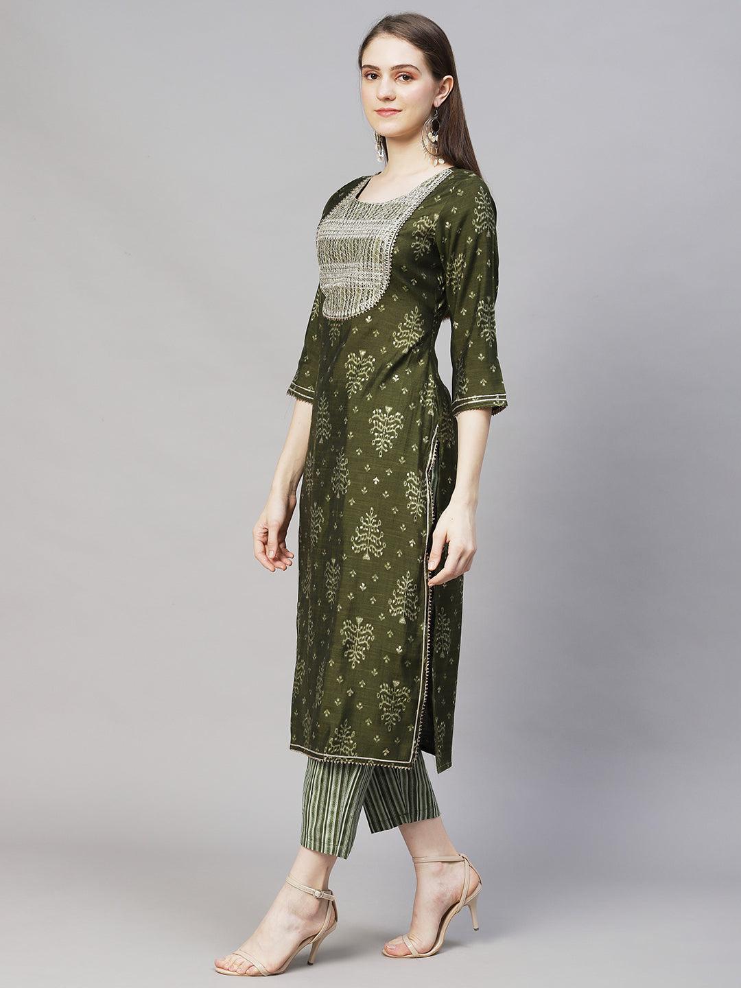 Ethnic Printed & Embroidered Straight Fit Kurta with Pants - Moss Green - Indiakreations