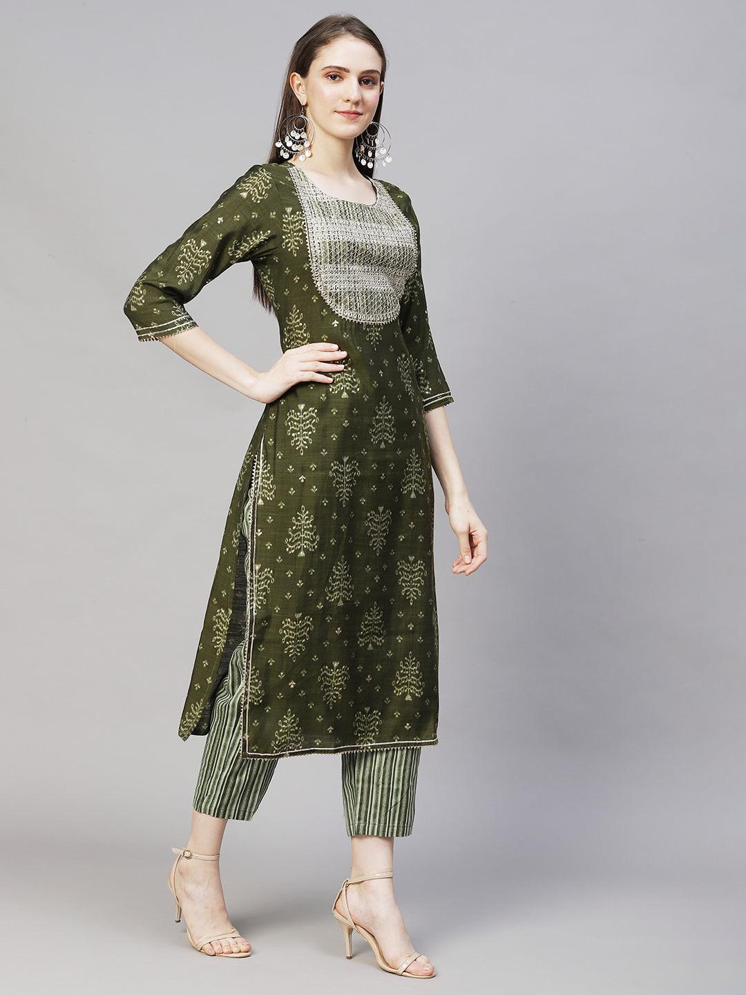 Ethnic Printed & Embroidered Straight Fit Kurta with Pants - Moss Green - Indiakreations