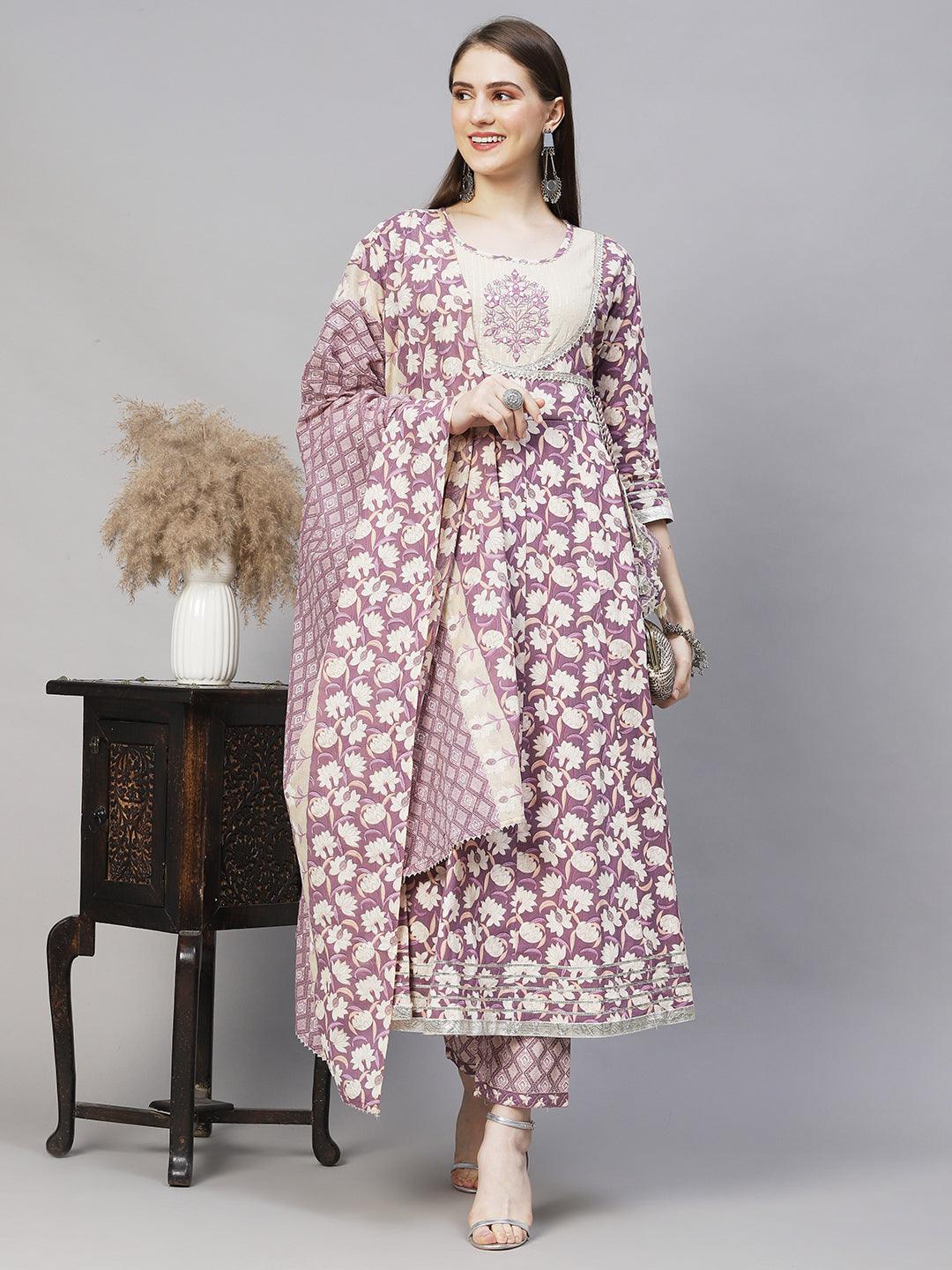 Floral Printed & Embroidered Anarkali Kurta with Pants & Dupatta - Lilac Purple - Indiakreations