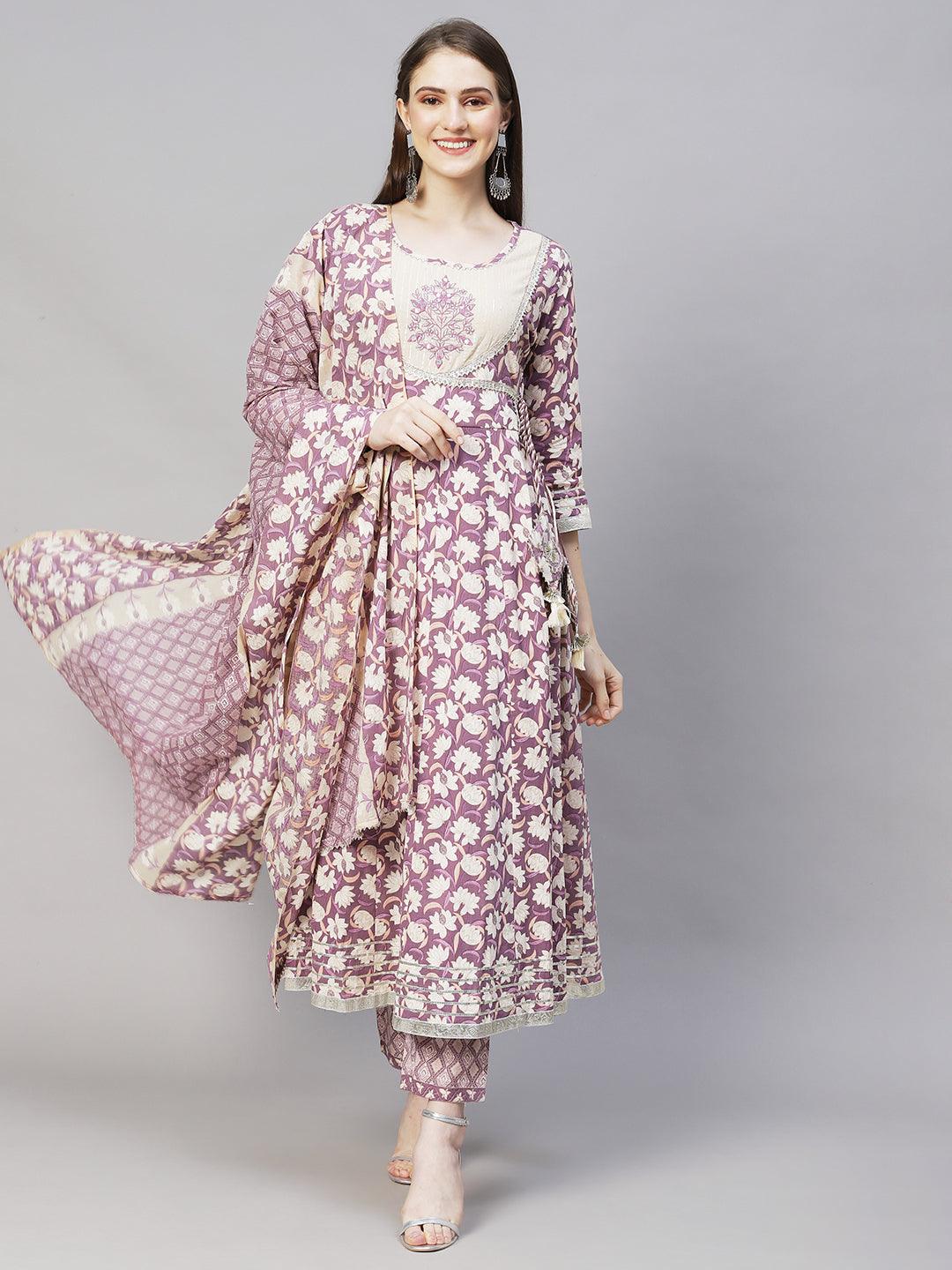 Floral Printed & Embroidered Anarkali Kurta with Pants & Dupatta - Lilac Purple - Indiakreations