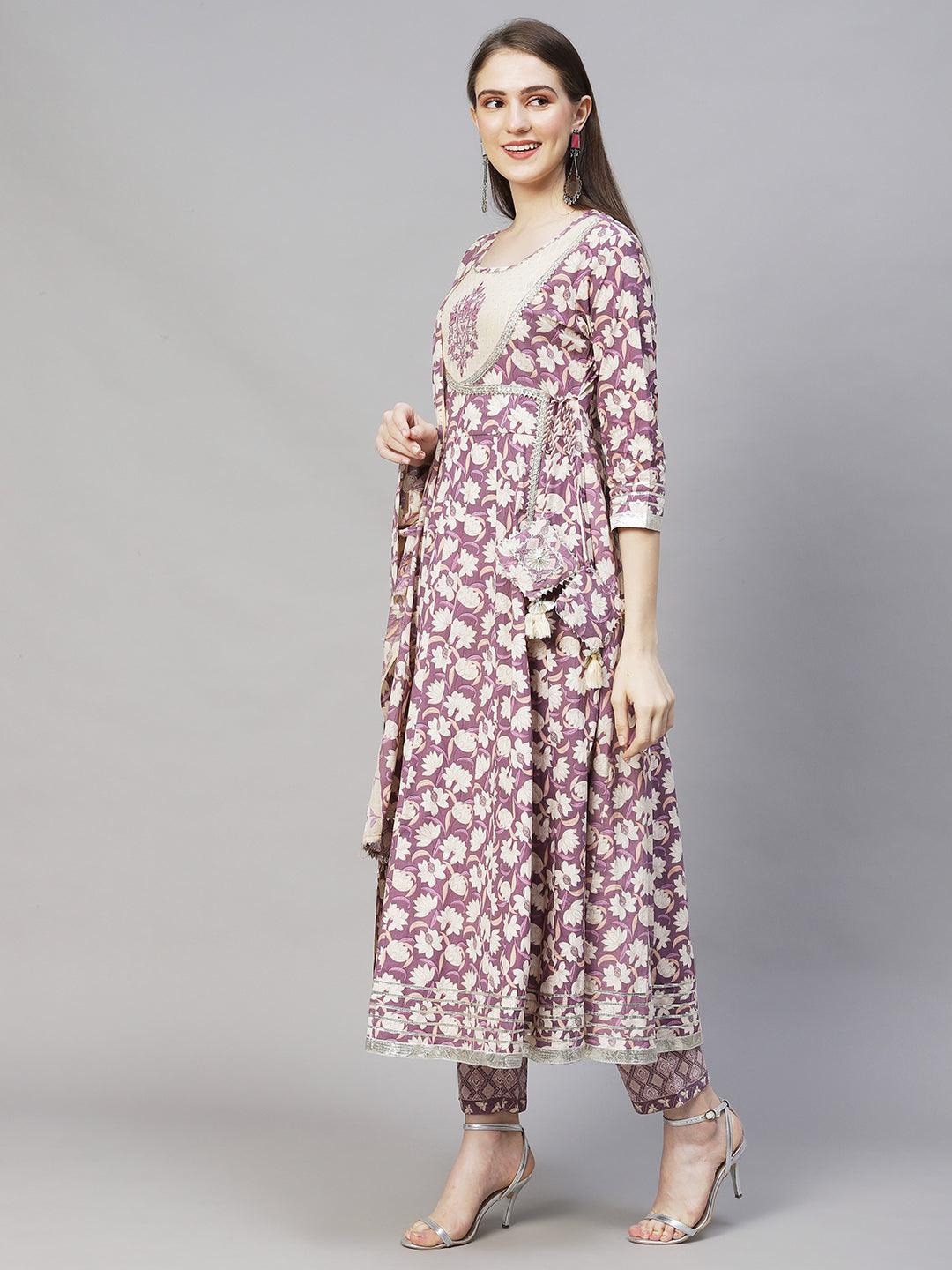 Floral Printed & Embroidered Anarkali Kurta with Pants & Dupatta - Lilac Purple - Indiakreations