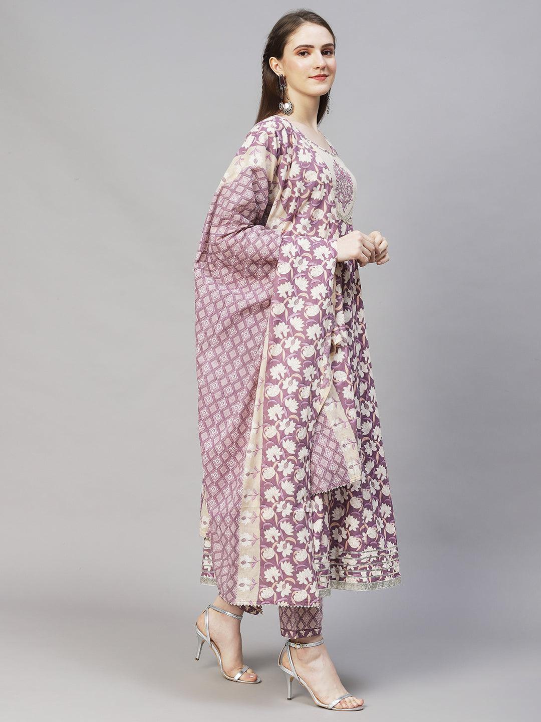 Floral Printed & Embroidered Anarkali Kurta with Pants & Dupatta - Lilac Purple - Indiakreations