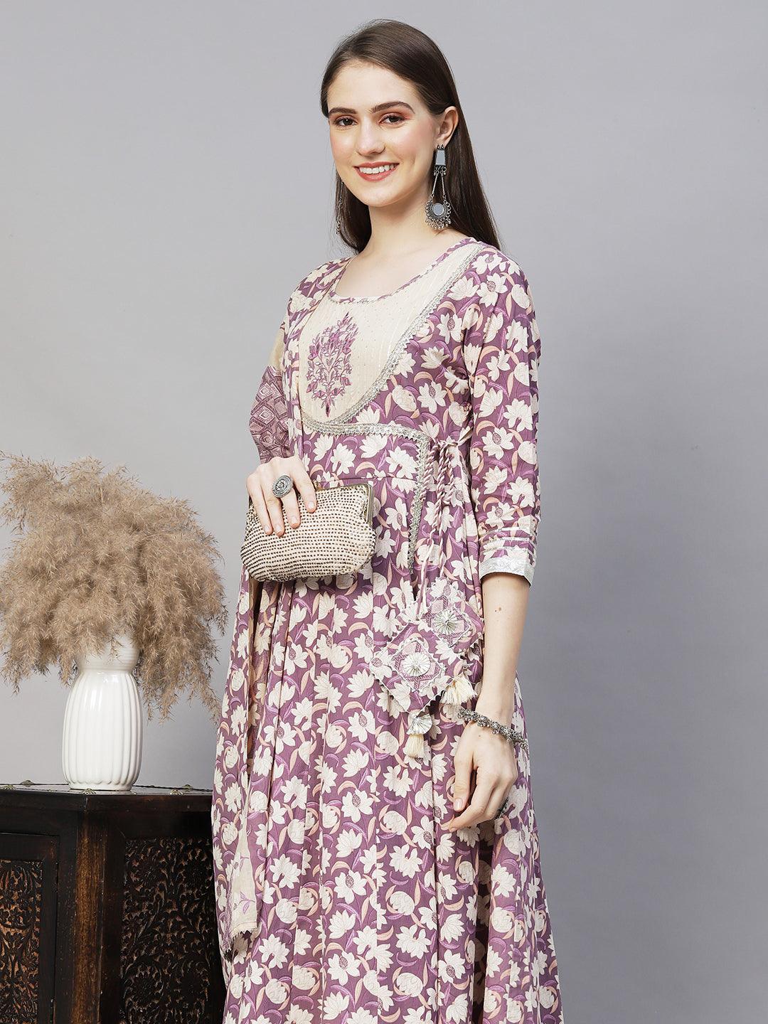 Floral Printed & Embroidered Anarkali Kurta with Pants & Dupatta - Lilac Purple - Indiakreations