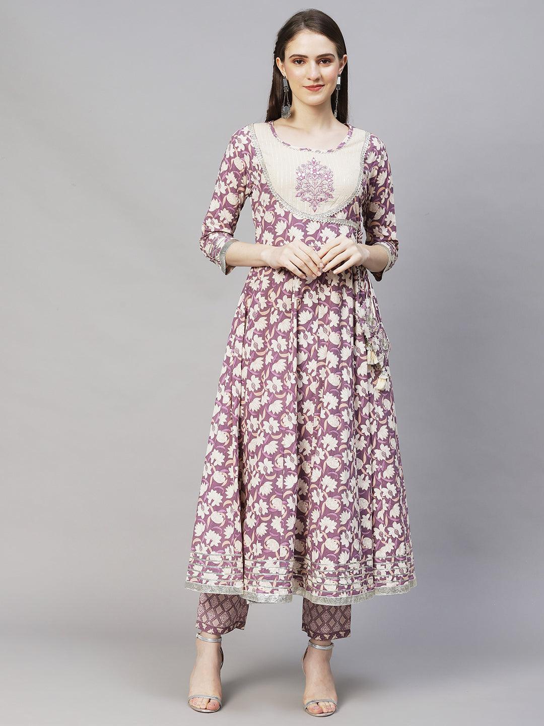 Floral Printed & Embroidered Anarkali Kurta with Pants & Dupatta - Lilac Purple - Indiakreations