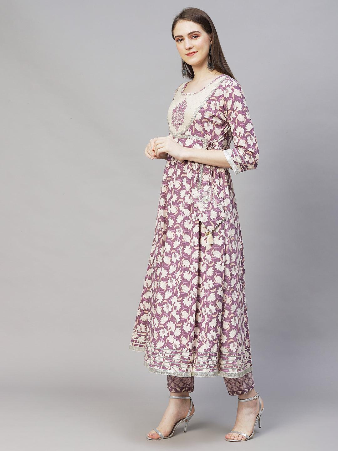 Floral Printed & Embroidered Anarkali Kurta with Pants & Dupatta - Lilac Purple - Indiakreations