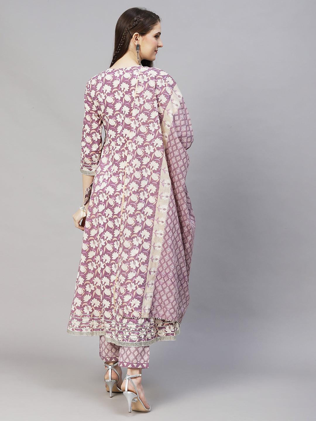 Floral Printed & Embroidered Anarkali Kurta with Pants & Dupatta - Lilac Purple - Indiakreations