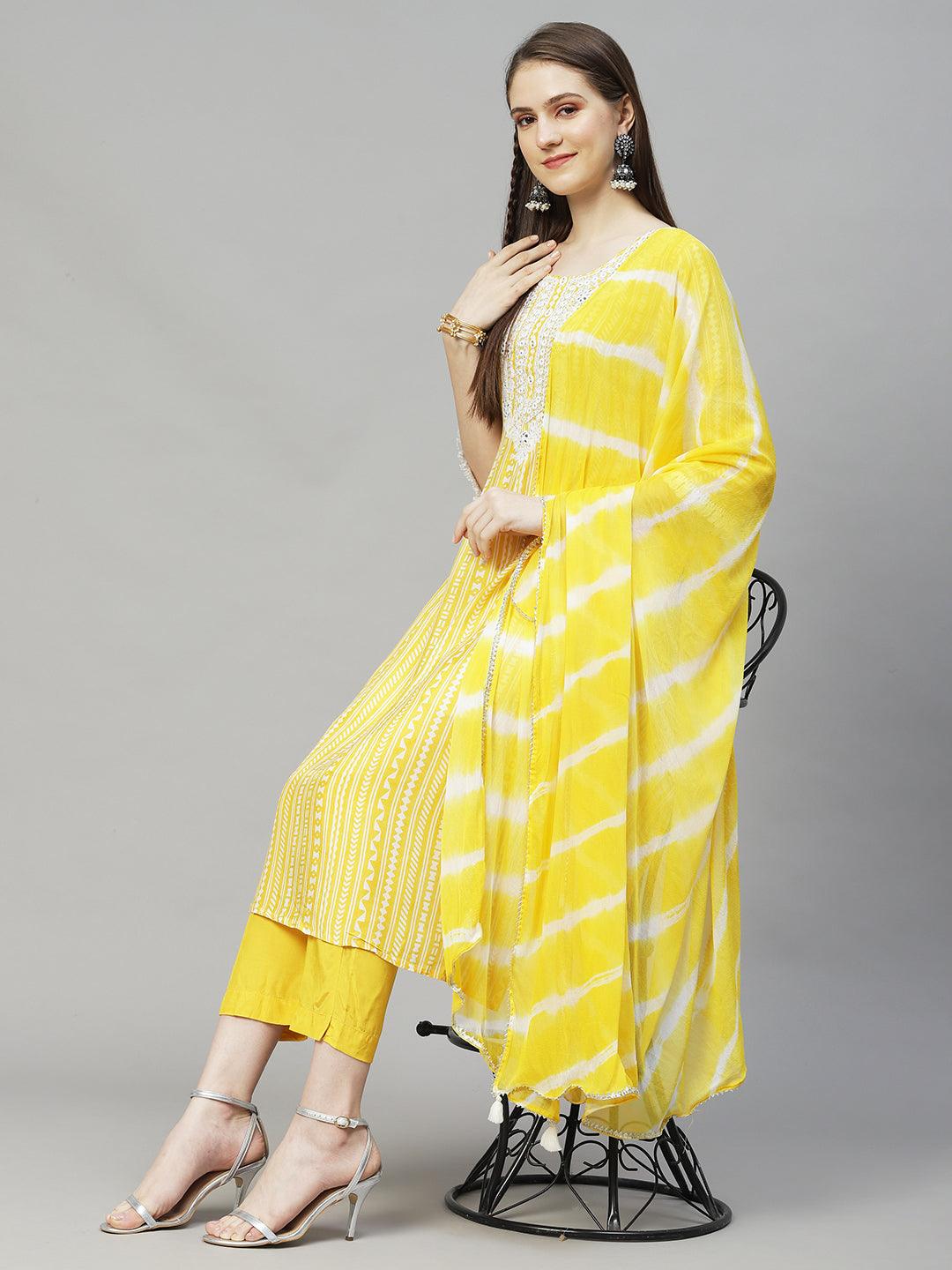 Ethnic Printed & Embroidered Straight Kurta with Pants & Dupatta - Yellow - Indiakreations