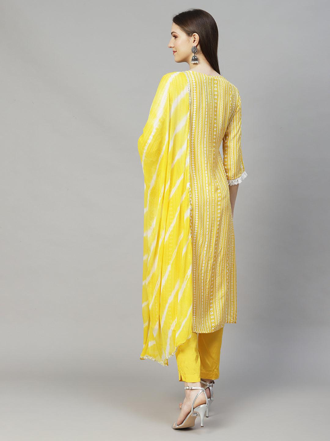 Ethnic Printed & Embroidered Straight Kurta with Pants & Dupatta - Yellow - Indiakreations