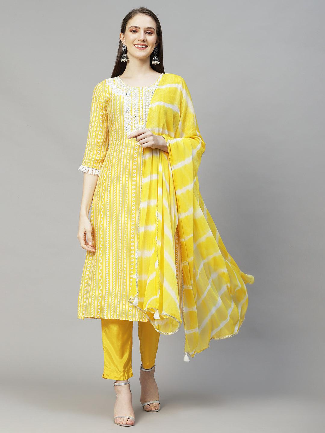 Ethnic Printed & Embroidered Straight Kurta with Pants & Dupatta - Yellow - Indiakreations