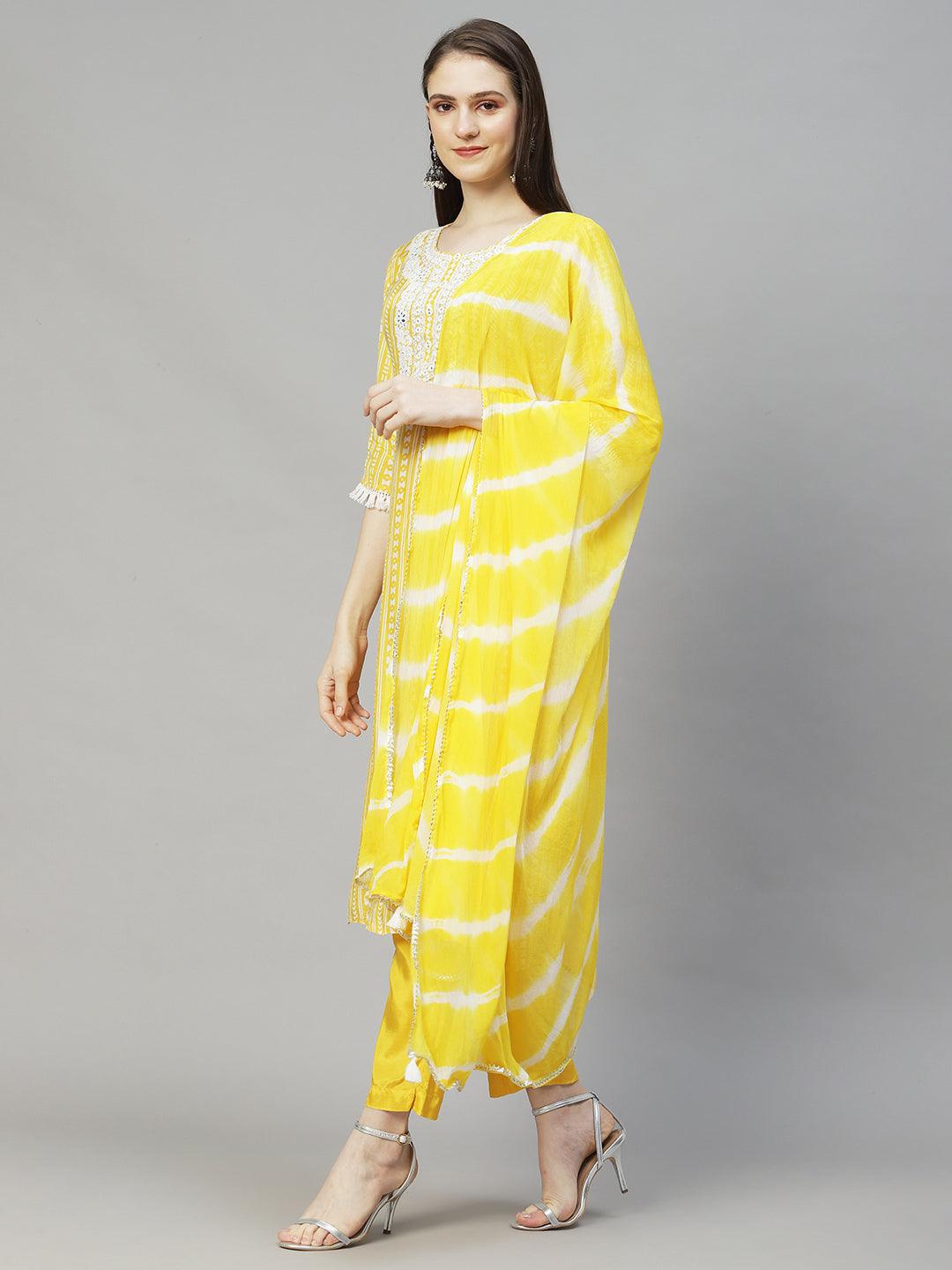 Ethnic Printed & Embroidered Straight Kurta with Pants & Dupatta - Yellow - Indiakreations